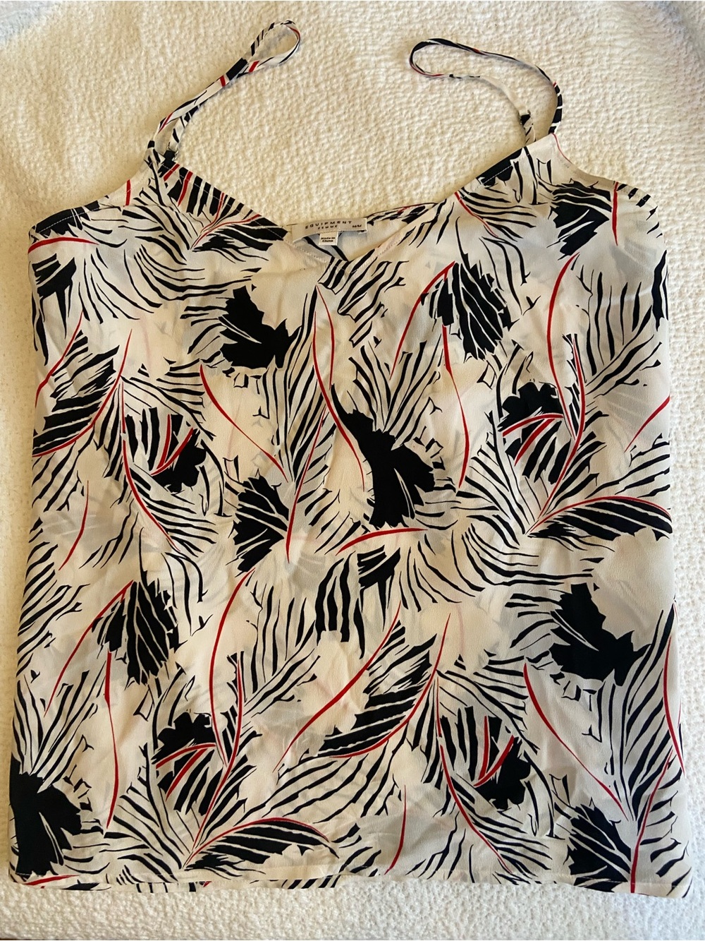 Equipment Black & White Leaf-Print Silk Cami with Red Accents